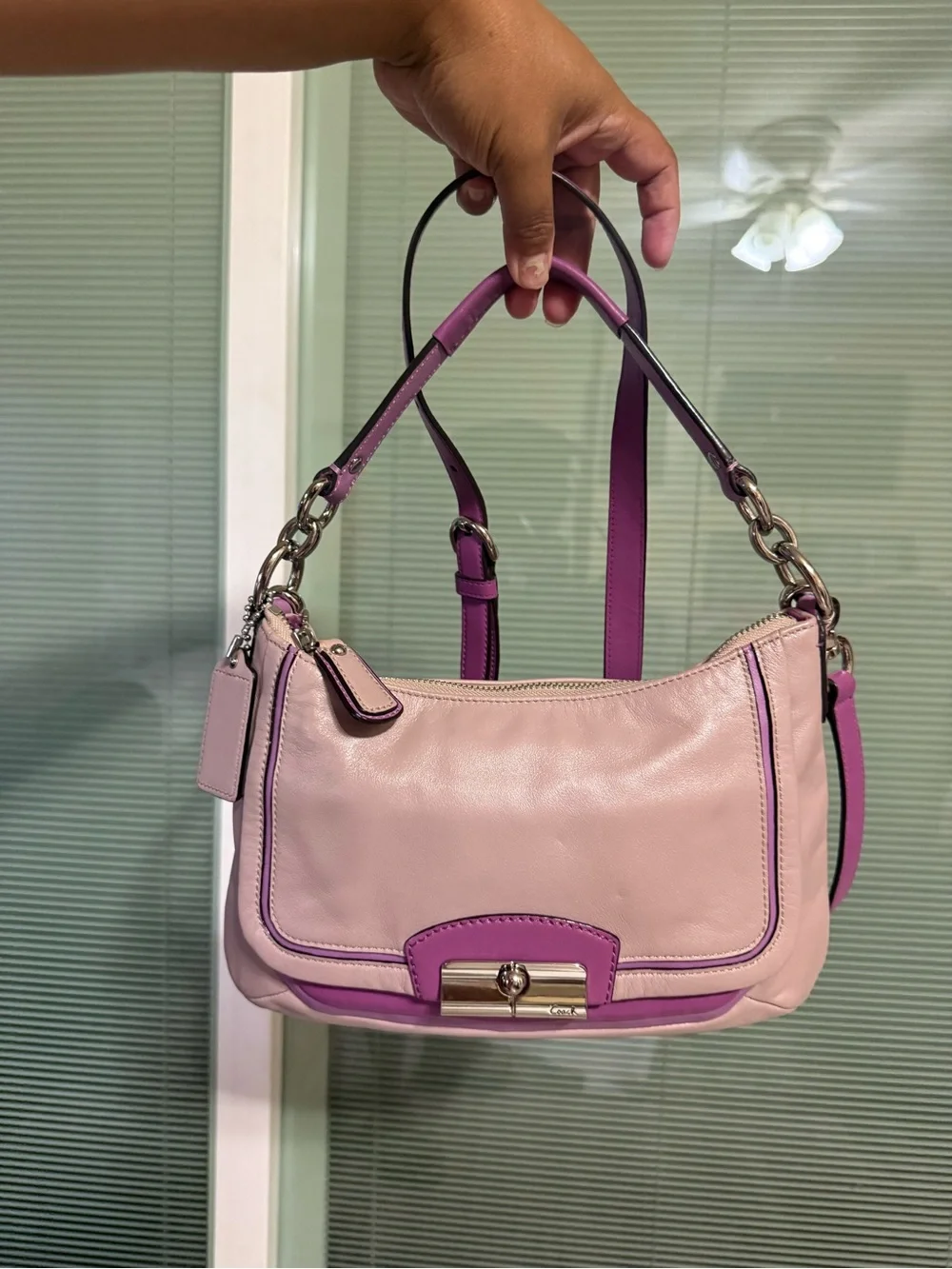 Coach Pink Leather Shoulder Bag with Purple Trim